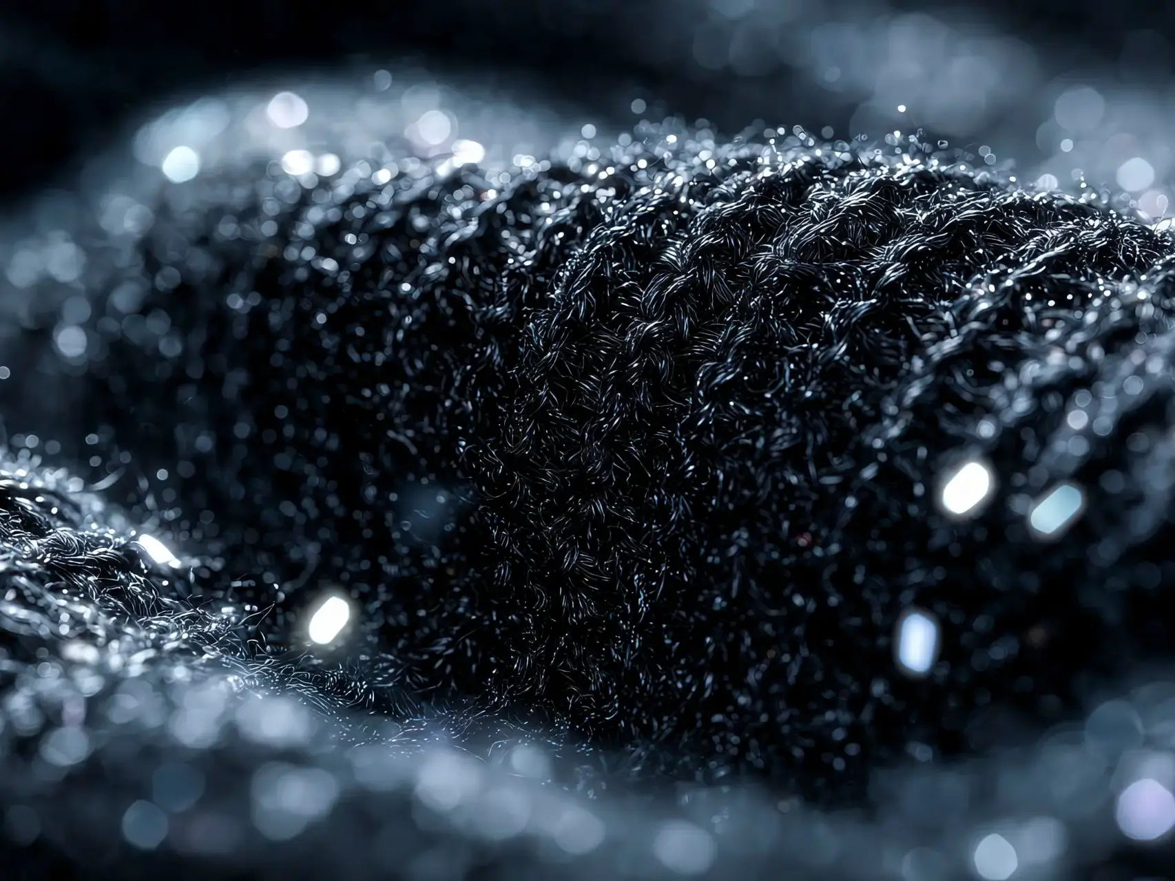 Trama di maglieria nera con elementi astratti cookie e luce azzurro pallido